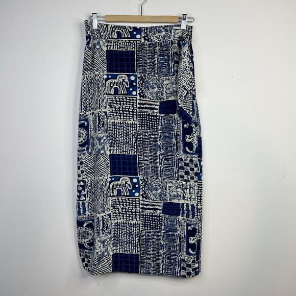 Vintage Silk Faux Wrap midi Skirt Blue Tribal Batik Artsy Tie Dye Patchwork L - Picture 1 of 8
